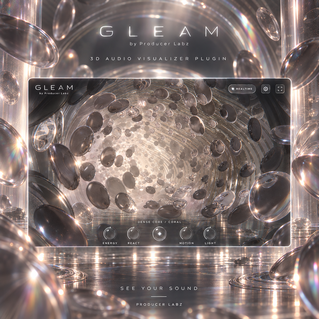 Gleam audio reactive visualizer VST plugin showing a white crystal like 3D generated world