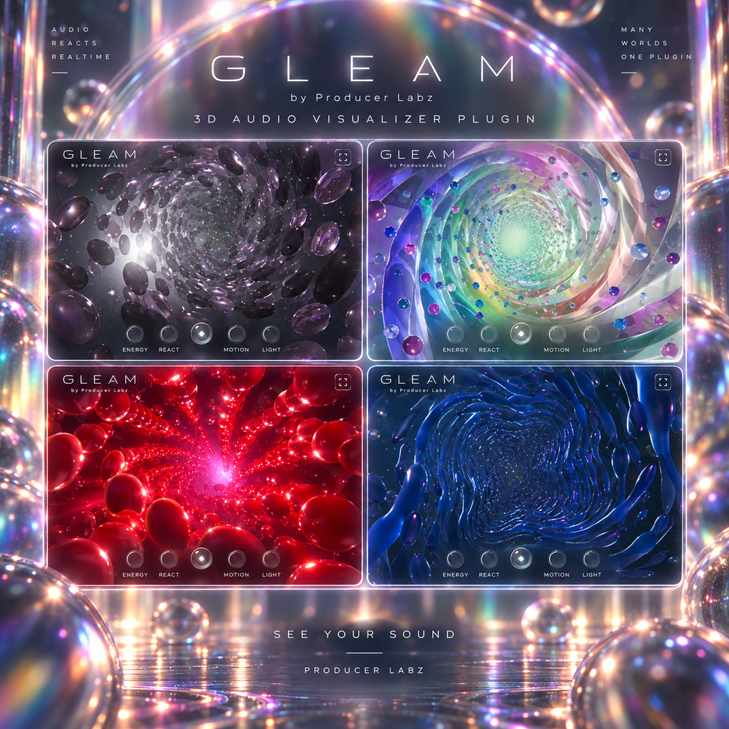 Gleam audio reactive visualizer plugin showing multiple generated 3D worlds