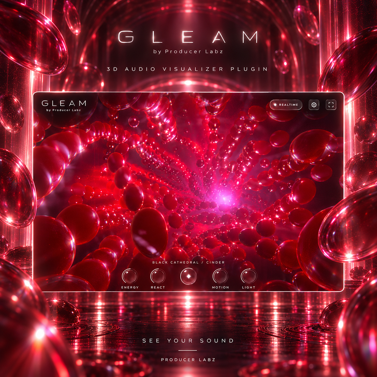 Gleam audio reactive visualizer VST plugin showing a deep red 3D generated world